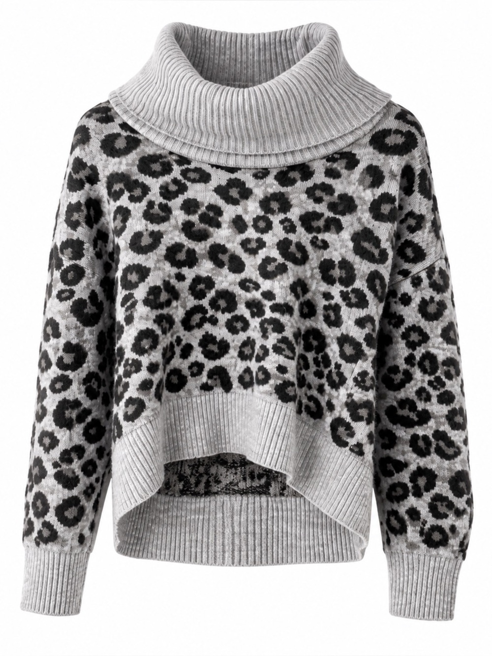 Jessica Simpson Leopard Cowl Neck Sweater Large Gray Black High Lowb